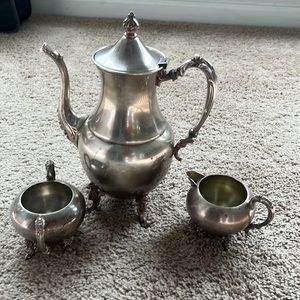 SOLD Vintage Sheridan silver footed tea pot and sliver cup and creamer cup